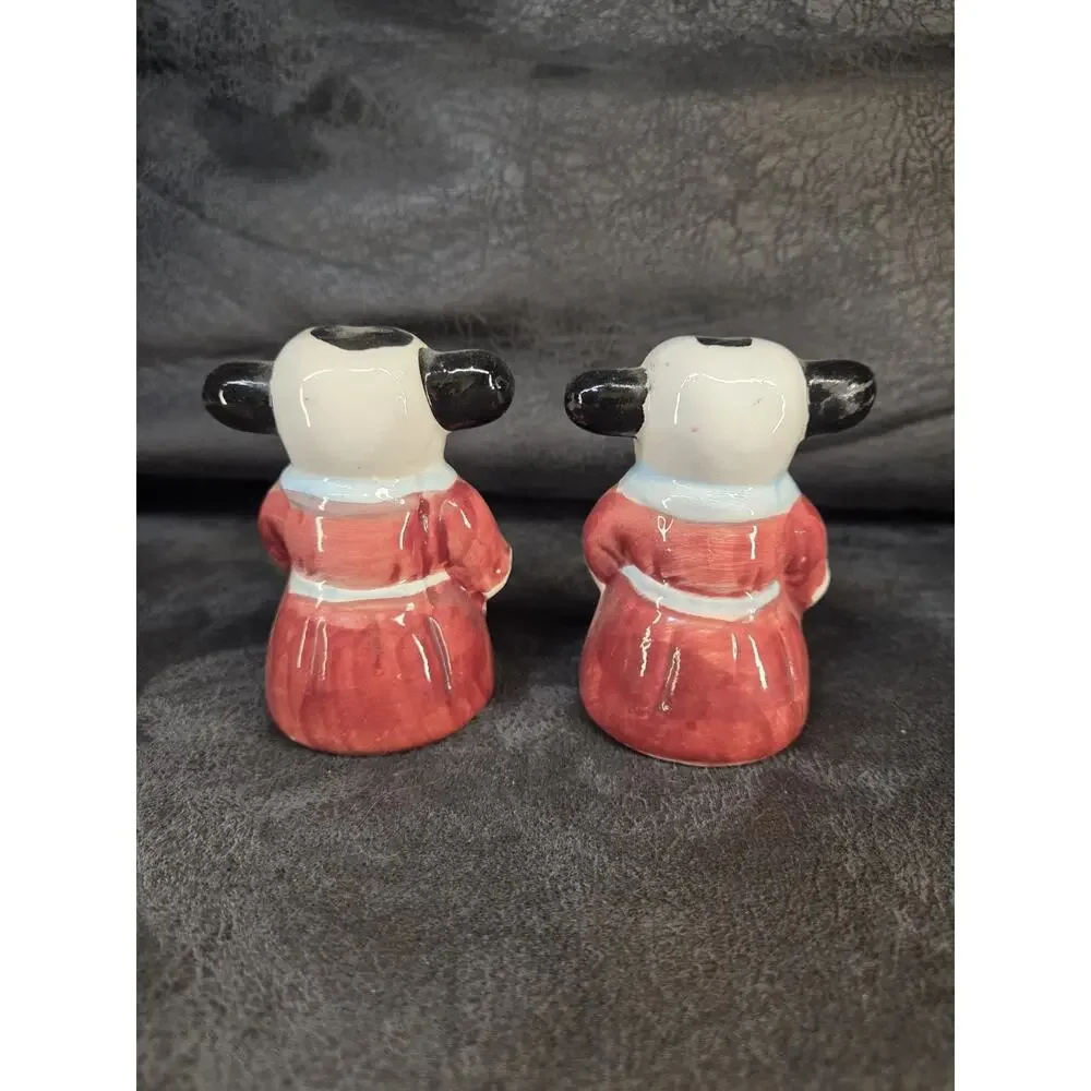 Vintage Anthropomorphic Cow Salt and Pepper Shakers Red Dress Blue Apron Ceramic